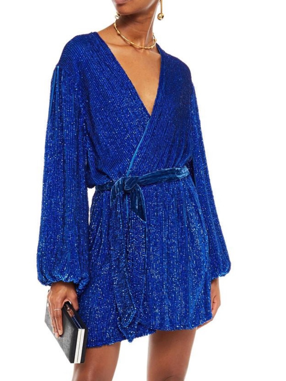 Retrofete Bright Blue Sequin Long Sleeve Wrap Mini Dress Size M